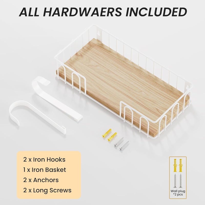 ORLESS Ironing Board Hanger Metal Wall Mount Iron and Ironing Board Holder, Laundry Room Decor and Storage with Large Storage White Wooden Base Basket and Removable Hooks - Image 3